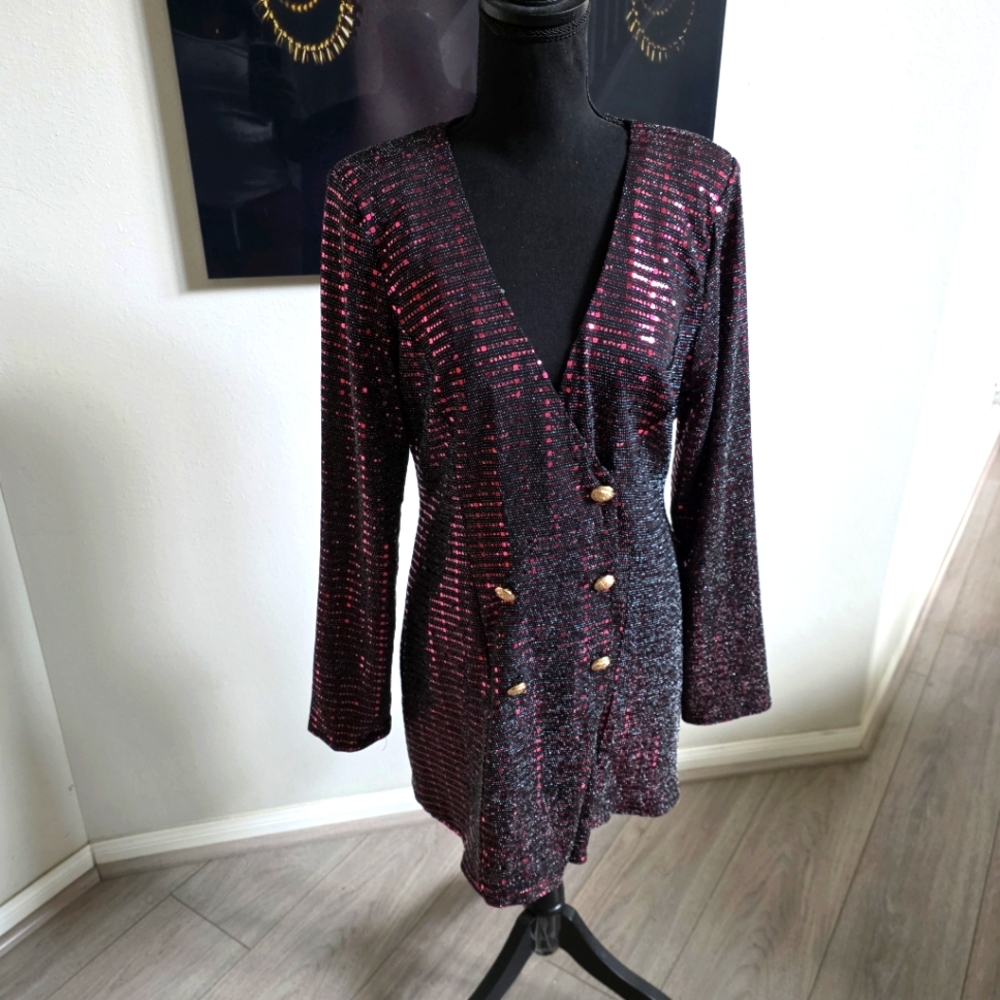 A. Peach Sparkling Red and Black Sequin Blazer Dress Size Large